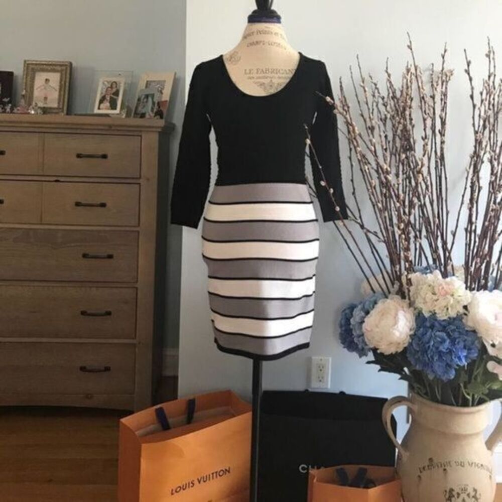 Ladies Black, White, and Gray Striped Mini Sweater Dress MEDIUM